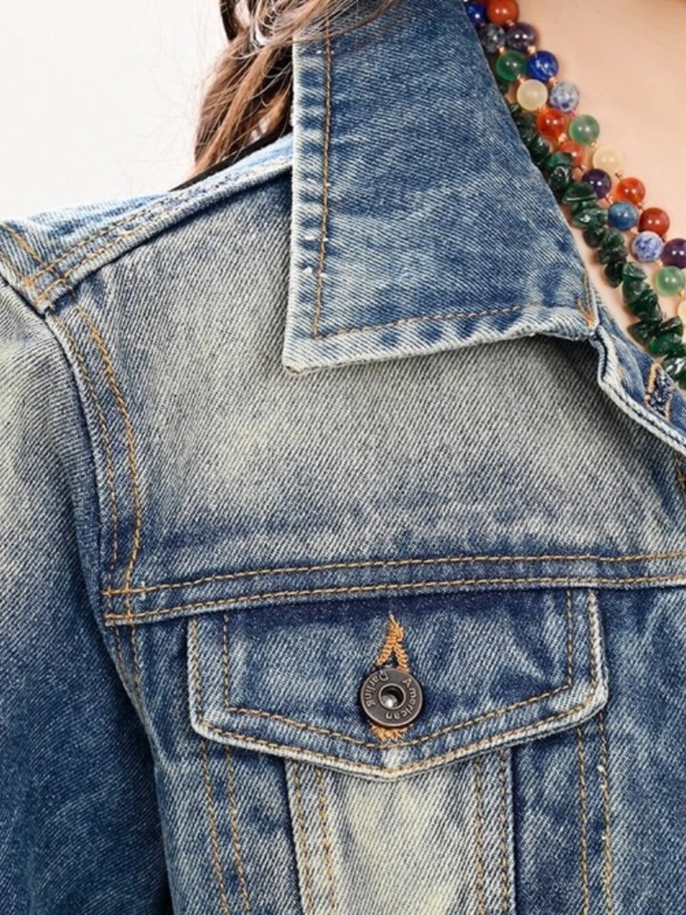 Western Denim Jacket with Tooled Sunflower Yoke & Turquoise Feather Fringe large - Picture 4 of 5
